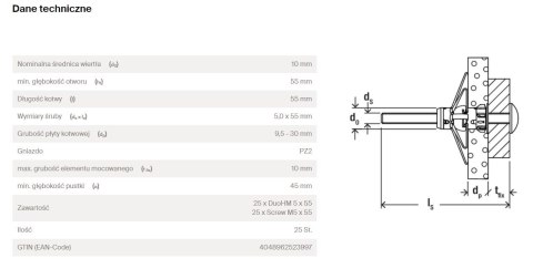 KOŁEK DUOHM 10*55 S, ŚRUBA Z ŁBEM SOCZEWKOWYM FISCHER