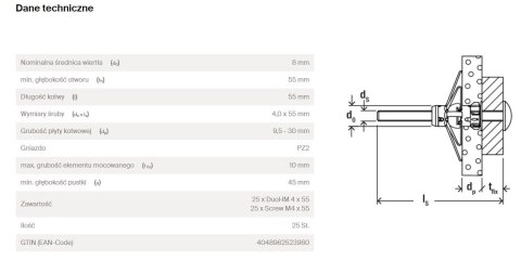 KOŁEK DUOHM 8*55 S, ŚRUBA Z ŁBEM SOCZEWKOWYM FISCHER