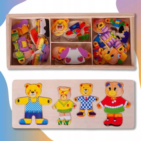 Drewniana układanka misie skrzynka klocki 74 el puzzle Luxma