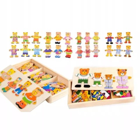 Drewniana układanka misie skrzynka klocki 74 el puzzle Luxma
