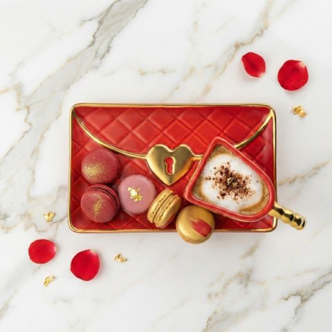 Kubek Torebka - talerzyk i łyżeczka serce - prezent na walentynki dla niej