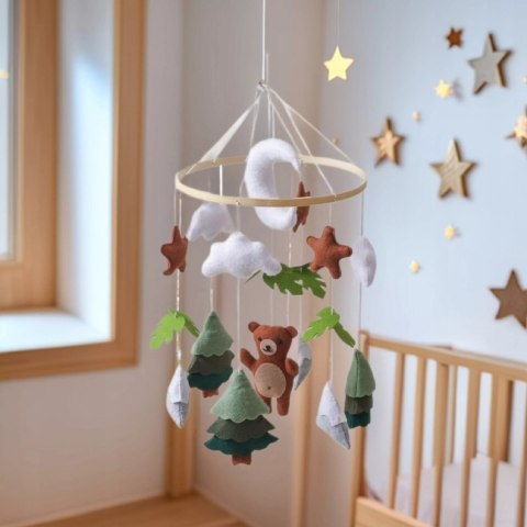 Karuzelka do Łóżeczka Dziecięcego Boho Naturalne Drewno z pałąkiem Bear Luxma