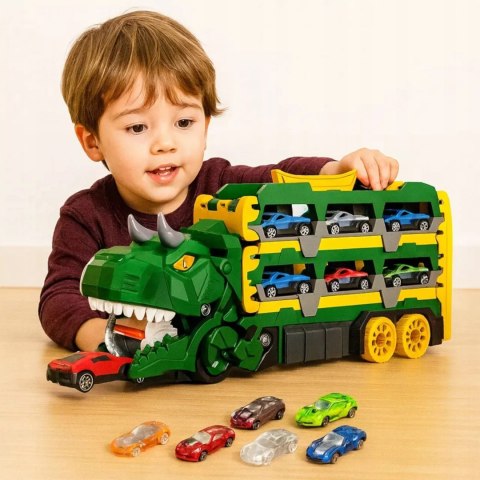 Ciężarówka Dinozaur Tor Wyścigowy zjeżdżalnia 6 Aut resoraki dla Dzieci Luxma