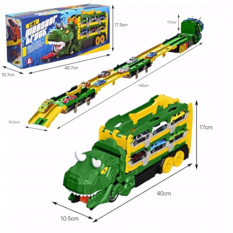 Ciężarówka Dinozaur Tor Wyścigowy zjeżdżalnia 6 Aut resoraki dla Dzieci Luxma
