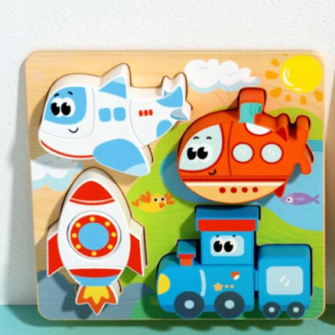 Drewniana układanka puzzle pojazdy dla dzieci 18m+ samolot rakieta pociąg Luxma