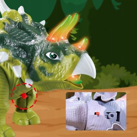 Dinozaur Interaktywny Triceratops Chodzący, Świecący, dla Dzieci Zielony Luxma