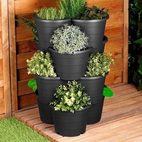 Doniczka ogrodowa plastikowa czarna kaskadowa piętrowa 4 szt.