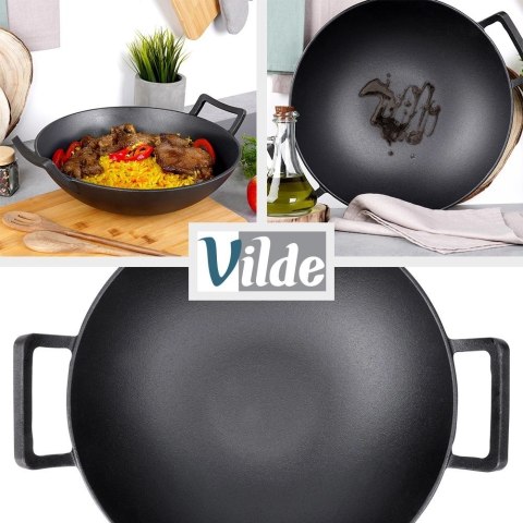 Patelnia Wok Żeliwna Duża 36 cm VILDE Cast Line do Indukcji Grill