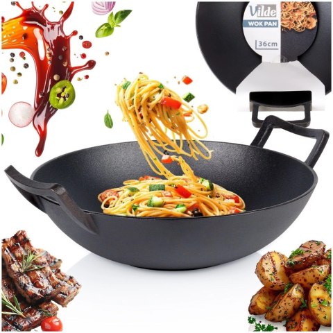 Patelnia Wok Żeliwna Duża 36 cm VILDE Cast Line do Indukcji Grill