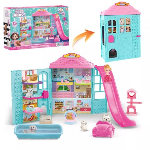 Rozkładany domek dla lalek z zjeżdżalnią 6 figurek zwierząt lalka dzwonek Luxma