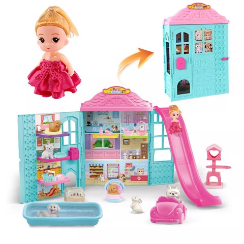 Rozkładany domek dla lalek z zjeżdżalnią 6 figurek zwierząt lalka dzwonek Luxma