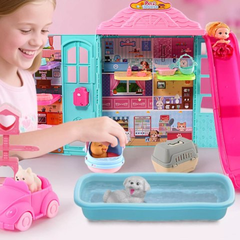 Rozkładany domek dla lalek z zjeżdżalnią 6 figurek zwierząt lalka dzwonek Luxma