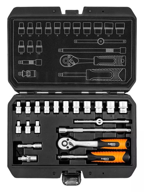 ZESTAW KLUCZY NASADOWYCH 1/4' SATYNOWY, 20 ELEMENTÓW NEO