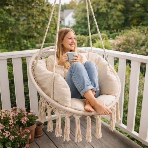 Huśtawka LUARO fotel bocianie gniazdo z poduszką ecru 80cm 150kg Kik Sp. z o. o. Sp. k.