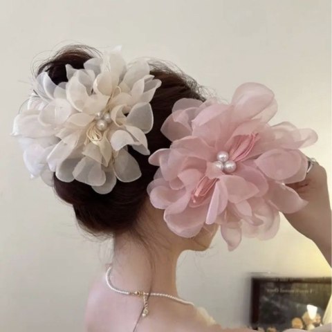 Duża kokarda tiulowa z perełkami, spinka do włosów, klamra SP323M