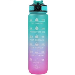 Butelka na wodę, bidon z miarką i słomką 1L OMBRE Zieleń z Różem BD19