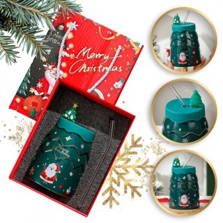 KUBEK ŚWIĄTECZNY - zestaw z silikonową pokrywką i rurką 400ml, zielony KB06ZIE