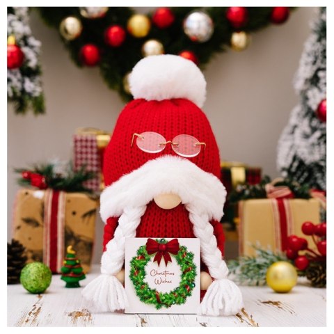 Krasnal Skrzat stojący czerwony w okularach Boże Narodzenie 24cm KSN167