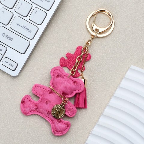 Brelok do kluczy skórzany MIŚ fuksja, frędzle BRL357