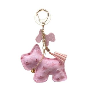 Brelok do kluczy skórzany PIESEK różowy, frędzle BRL355