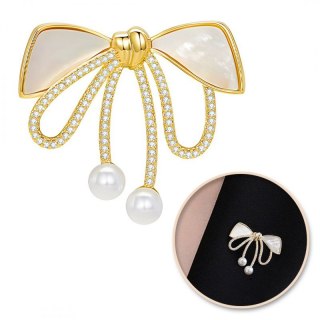 Broszka ozdobna złota KOKARDKA masa perłowa i cyrkonie BZ197