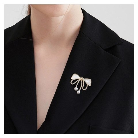 Broszka ozdobna złota KOKARDKA masa perłowa i cyrkonie BZ197