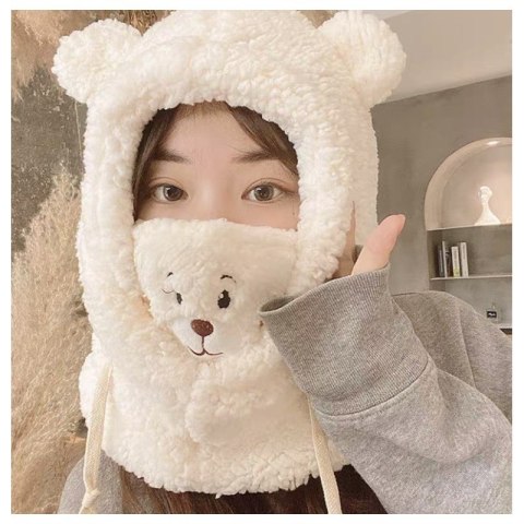 Czapka zimowa pluszowa z uszami misia + komin, 2 w 1 - kremowa CZ34WZ2