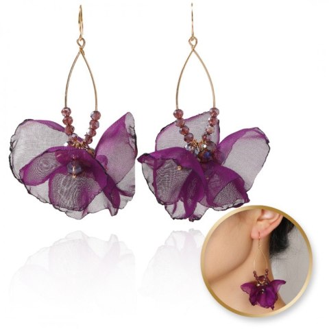 Kolczyki wiszące, efektowne tiulowe z koralikami fioletowe K1701