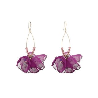 Kolczyki wiszące, efektowne tiulowe z koralikami fioletowe K1701