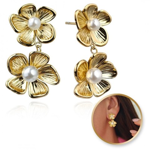 Kolczyki ze stali szlachetnej platerowane 14k złotem KWIATY perły KST3379