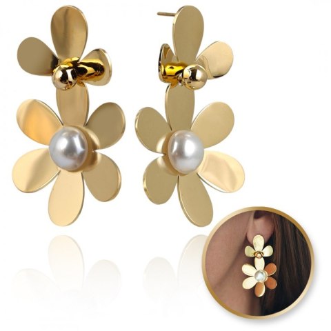 Kolczyki ze stali szlachetnej platerowane 14k złotem KWIATY perły KST3381