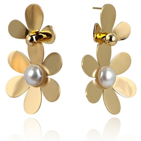 Kolczyki ze stali szlachetnej platerowane 14k złotem KWIATY perły KST3381
