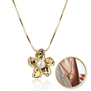 Naszyjnik stal szlachetna pozłacana 14k złotem KWIAT PERŁA NST2183