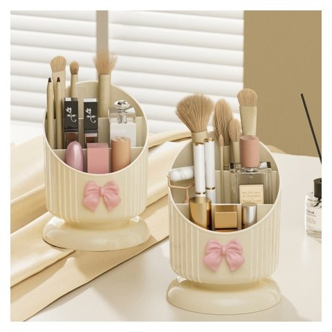 Organizer na pędzle, Kremowy z różową KOKARDKĄ 15,8 x 11 cm CB67