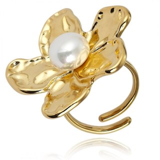 Pierścionek stal chirurgiczna platerowana złotem regulowany, KWIAT perła PST936