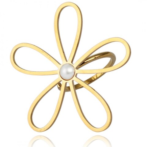 Pierścionek stal chirurgiczna platerowana złotem regulowany, KWIAT perła PST938