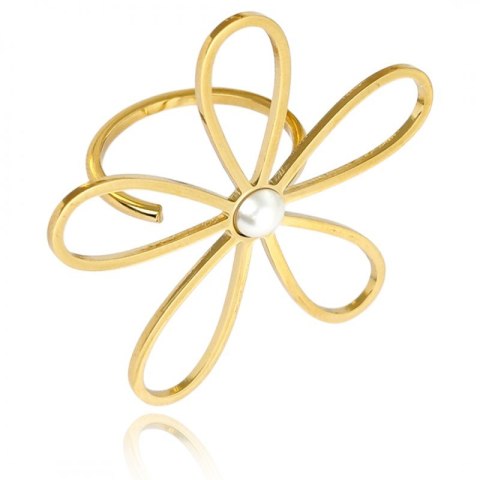 Pierścionek stal chirurgiczna platerowana złotem regulowany, KWIAT perła PST938