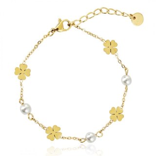 Bransoletka na rękę stal chirurgiczna pozłacana 14k złotem, Koniczynki, perły BST1535