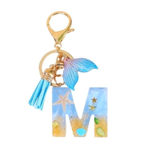 Brelok do kluczy LITERKA "M" , MORSKI, ogon syreny, muszelki, frędzle BRL353M