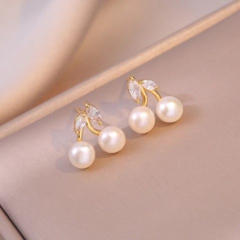 Kolczyki WISIENKI ze stali szlachetnej pozłacanej 14k złotem cyrkonie, sztyft srebro S925 perły KST3334