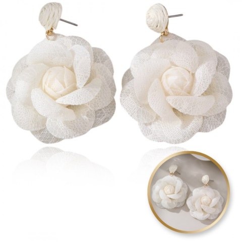 Kolczyki wiszące, efektowne koronkowe kwiat, kremowa RÓŻA sztyft K1708
