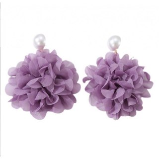 Kolczyki wiszące, efektowne tiulowe kwiat z perła, sztyft fiolet K1709