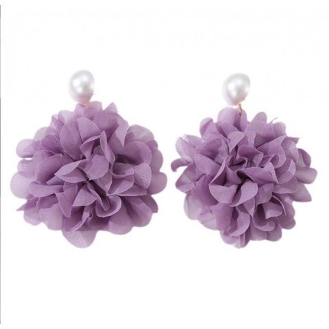 Kolczyki wiszące, efektowne tiulowe kwiat z perła, sztyft fiolet K1709