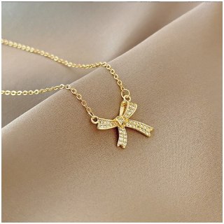 Naszyjnik stal szlachetna pozłacana 14k złotem KOKARDA cyrkonie NST2166