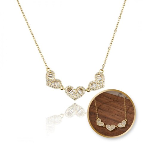 Naszyjnik stal szlachetna pozłacana 14k złotem, SERCA cyrkonie NST2168