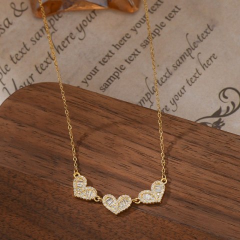 Naszyjnik stal szlachetna pozłacana 14k złotem, SERCA cyrkonie NST2168