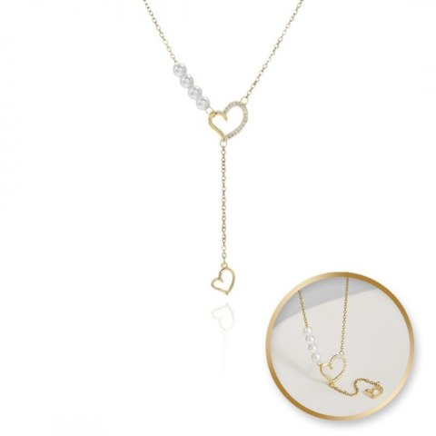 Naszyjnik stal szlachetna pozłacana 14k złotem, SERCA z cyrkoniami, perły NST2172