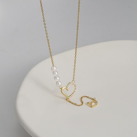 Naszyjnik stal szlachetna pozłacana 14k złotem, SERCA z cyrkoniami, perły NST2172