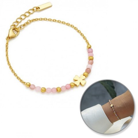 Bransoletka na rękę stal chirurgiczna pozłacana 14k złotem, Koniczynki, kamienie BST1545