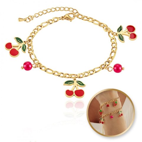 Bransoletka na rękę stal chirurgiczna pozłacana 14k złotem, WISIENKI czerwone BST1520